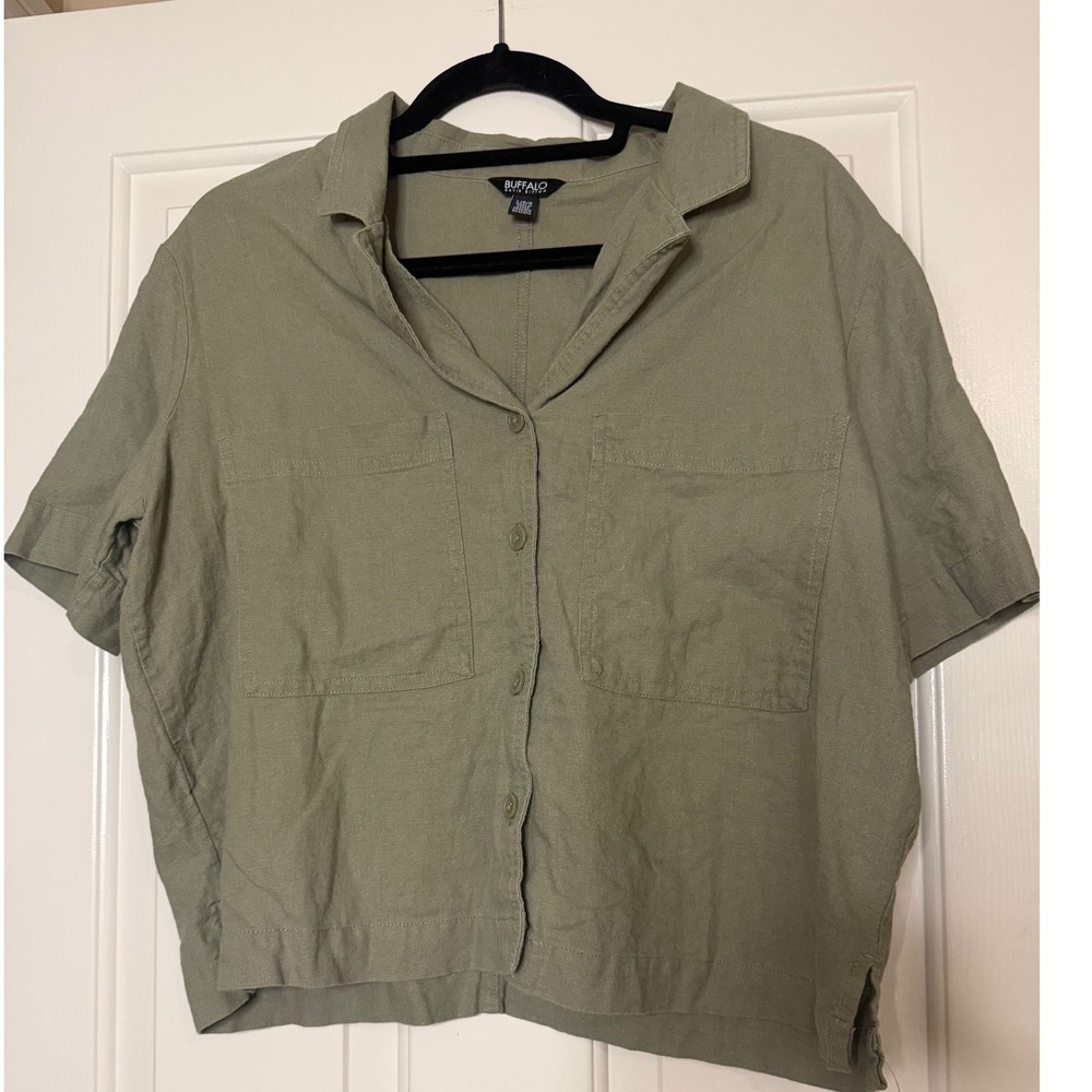 Buffalo David Bitton Womens Olive Green Short Sleeve Button Down Utility Top L